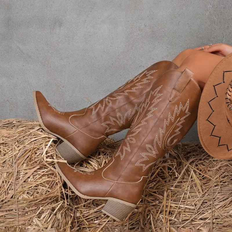 

Новинка 2024, женские сапоги до середины икры, осенне-зимняя обувь, женские модные ботинки на массивном каблуке, винтажные сапоги на высоком каблуке в стиле вестерн для девочек