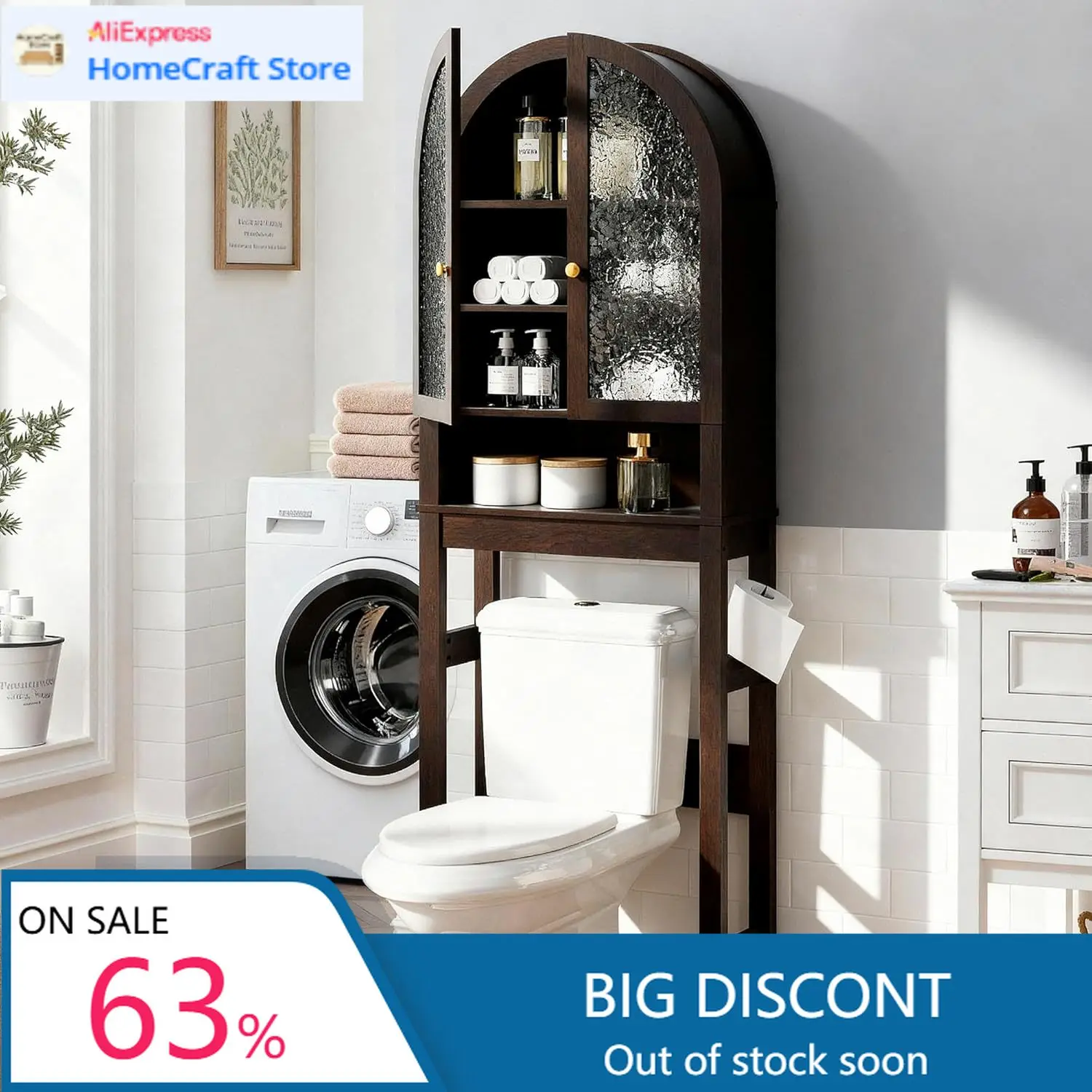 

Напольный шкаф для хранения над унитазом Espresso, арочный органайзер для ванной комнаты, акриловые дверцы, регулируемая полка, экономия пространства