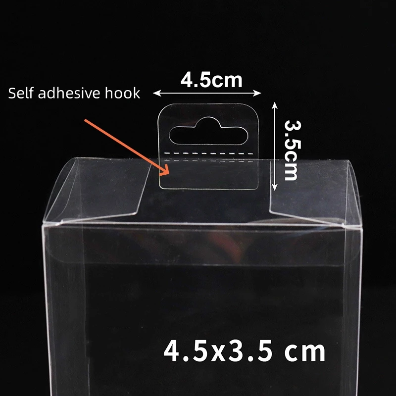 Transparent PVC Boxes with Self-adhesive Hooks, Display Boxes with Semi Open Hooks, PET Plastic Box Hooks, 100 PCs