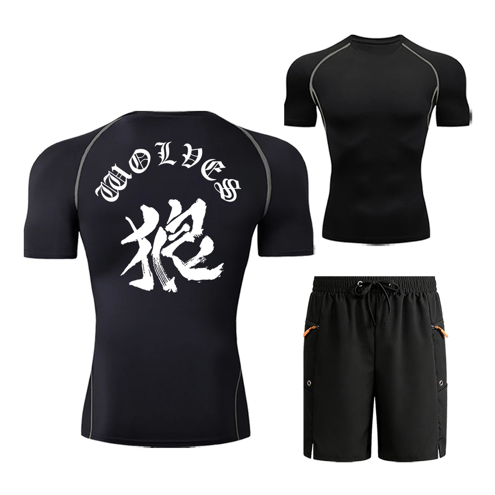 

Мужской быстросохнущий спортивный костюм для бега, короткая компрессионная футболка и шорты с карманами на молнии, графический принт с китайским иероглифом «Волк»