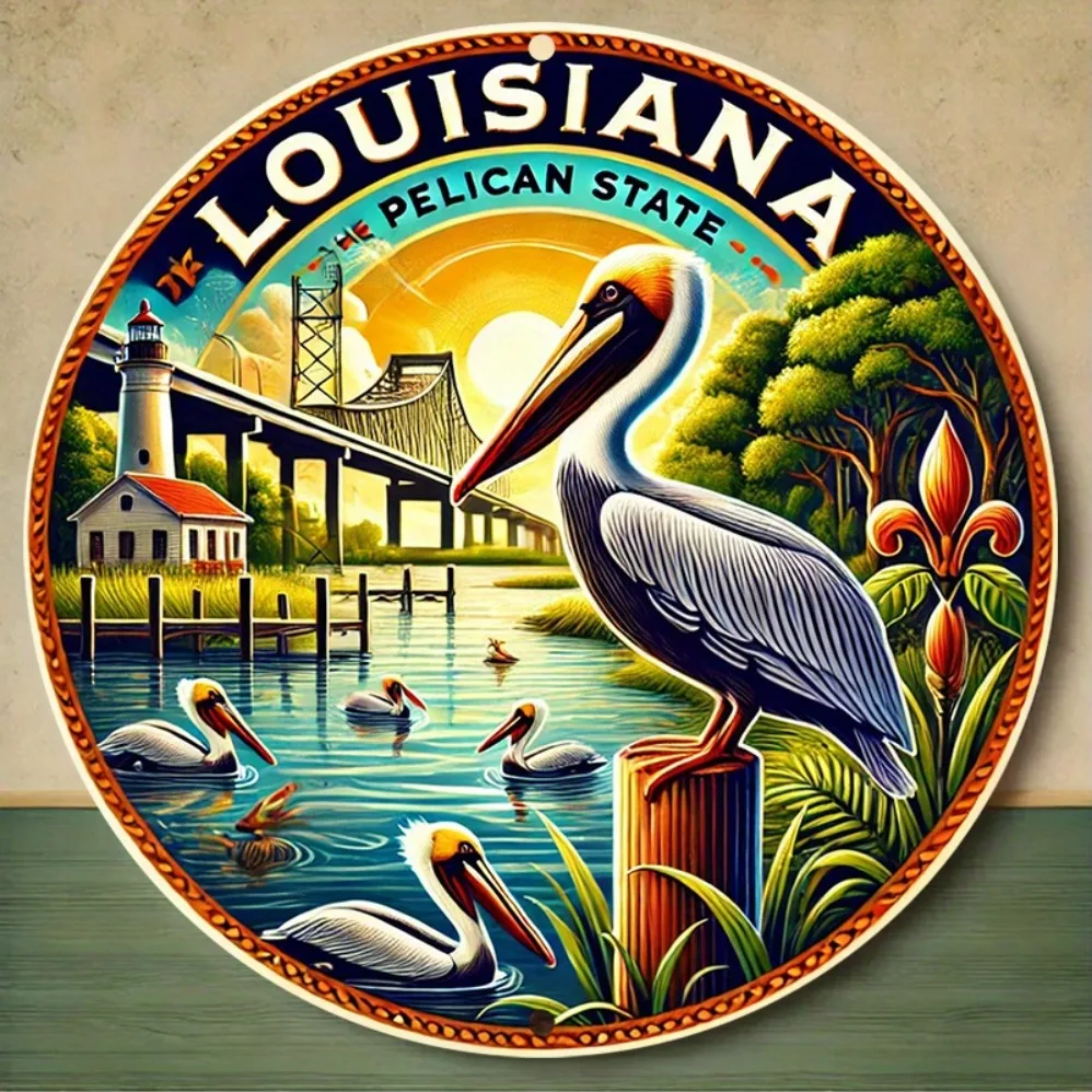 

Louisiana Pelican State Vibrant #Louisiana Scene with Bridge and Pelicans, Unique Gift Idea, Vintage Wall Art Room Decor