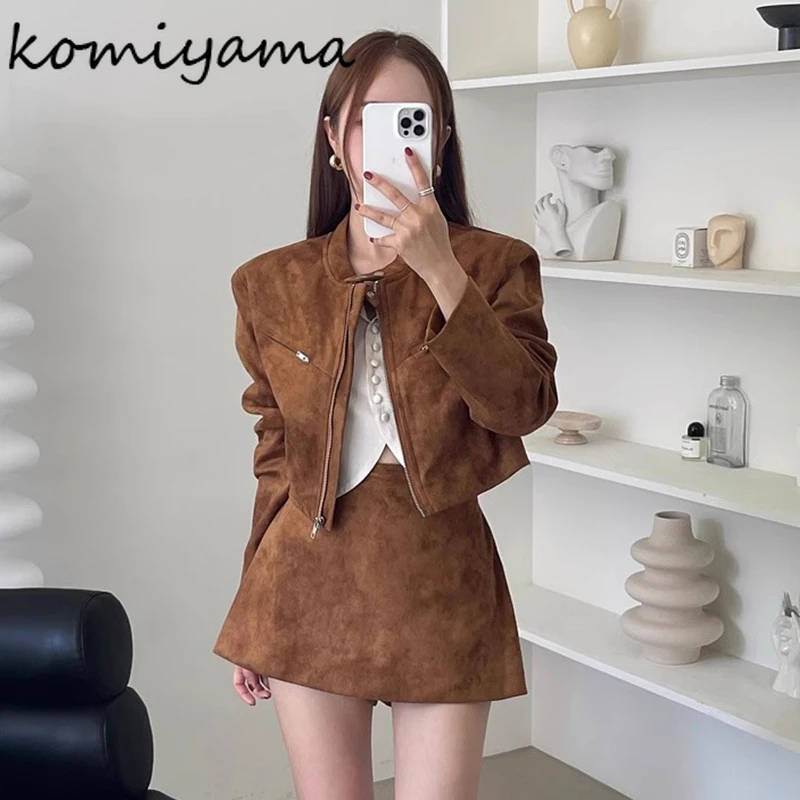 Vintage Fashion Women 2025 New Sets Motorcycle O-neck Long Sleeve Zipper Outerwears + High Waist A-line Skirt Autumn Suit