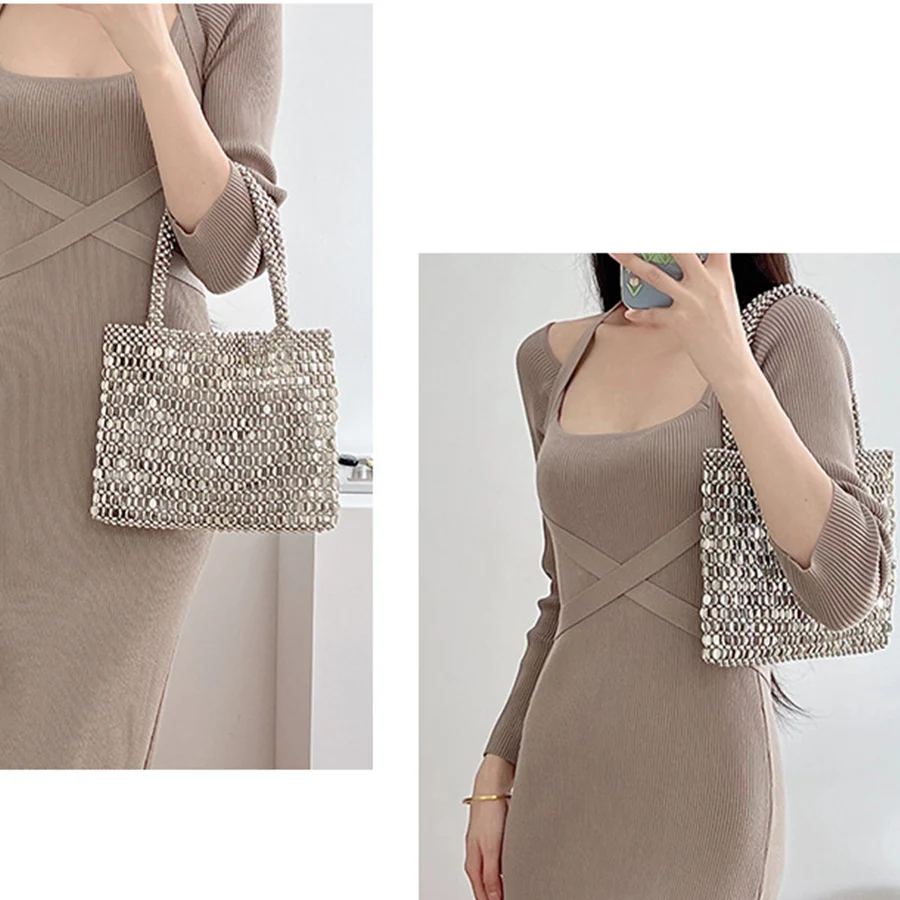 Women Silver Metal Evening Bags Sequins Chains Woven Totes Bag Hollow Out Clutch Purse Female Travel Hobos Shoulder Bag Handbags
