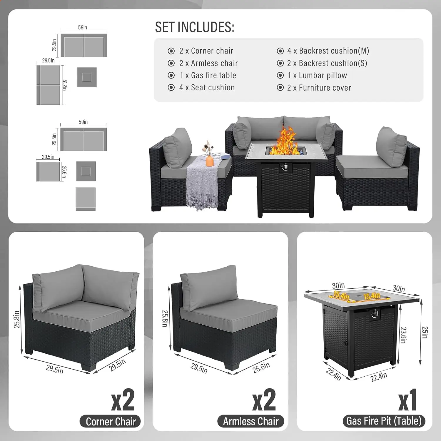 5-Piece Outdoor Rattan Sectional Sofa Set with Propane Fire Pit Table, Grey Cushion, Custom