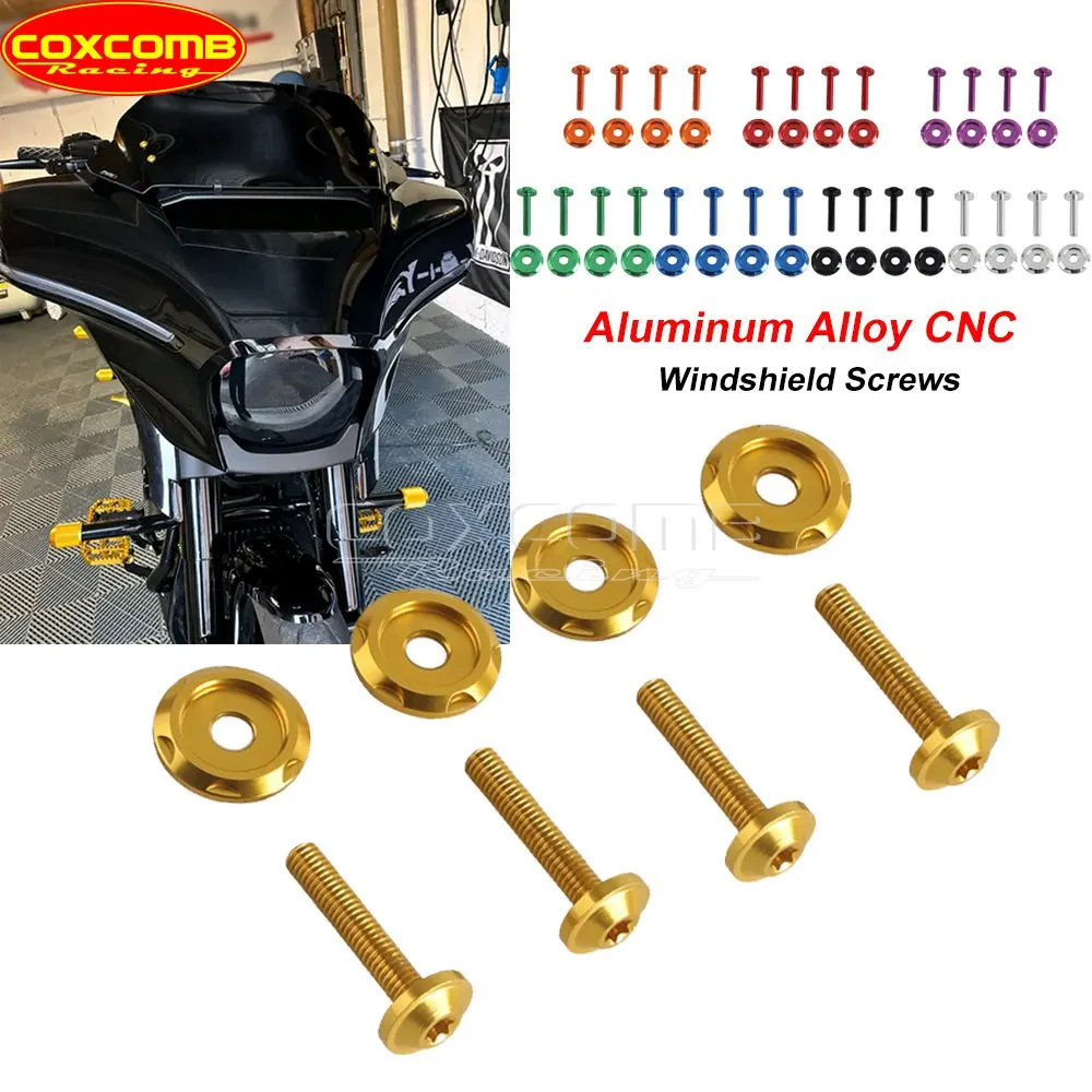 4pcs Windshield Bolt Washers M5 Screw Gasket Motorcycle Wind Deflectors Screws Nuts For Harley Touring Road Glide FLTRX Aluminum