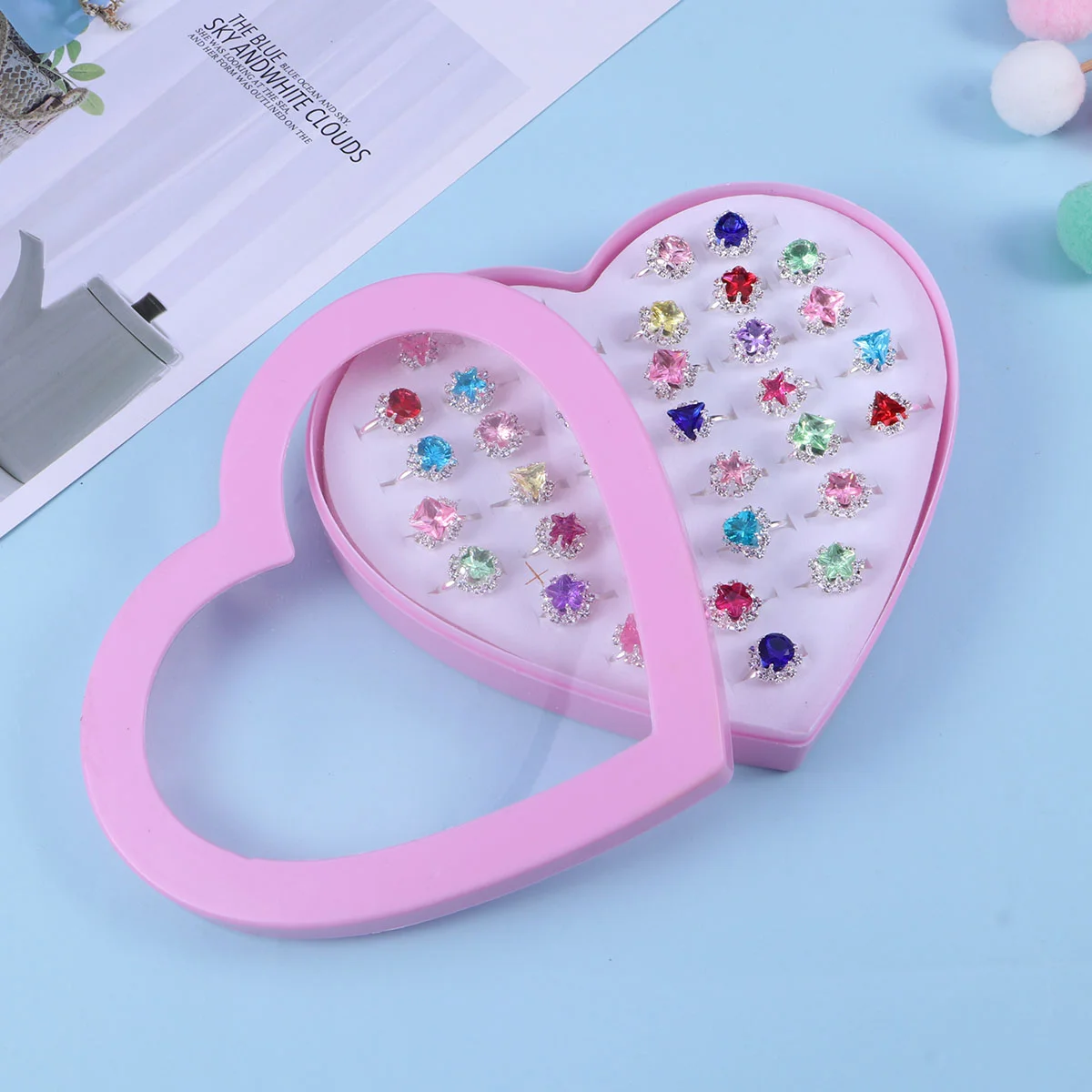 36pcs Child Rings Set Beautiful Crystal Rings Set Dress Up Ring Gift With Heart-Shaped Boxes for Kid Girl Child