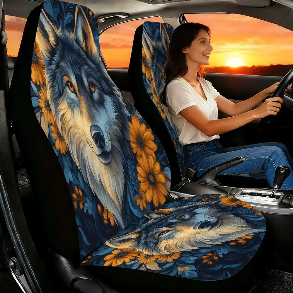 2pcs Artistic Wolf And Sunflower Car Seat Covers | High Back Design, Polyester Material, Universal Fit For Cars, SUVs, And Truck
