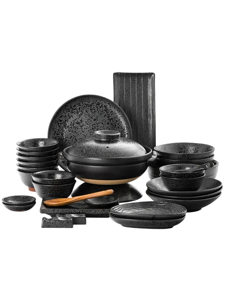 Japanese tableware set dishes and wind household black retro Nordic ceramic plate luxury high sense Chinese rice bowl.