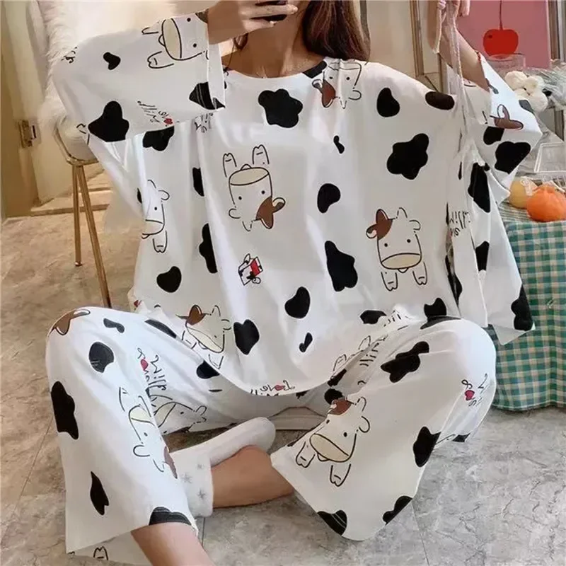 Spring Sleepwear Sets Set Pajama Cow Cartoon Long Sleeve 2023 Print Cute New Women Two-pieces Underwear