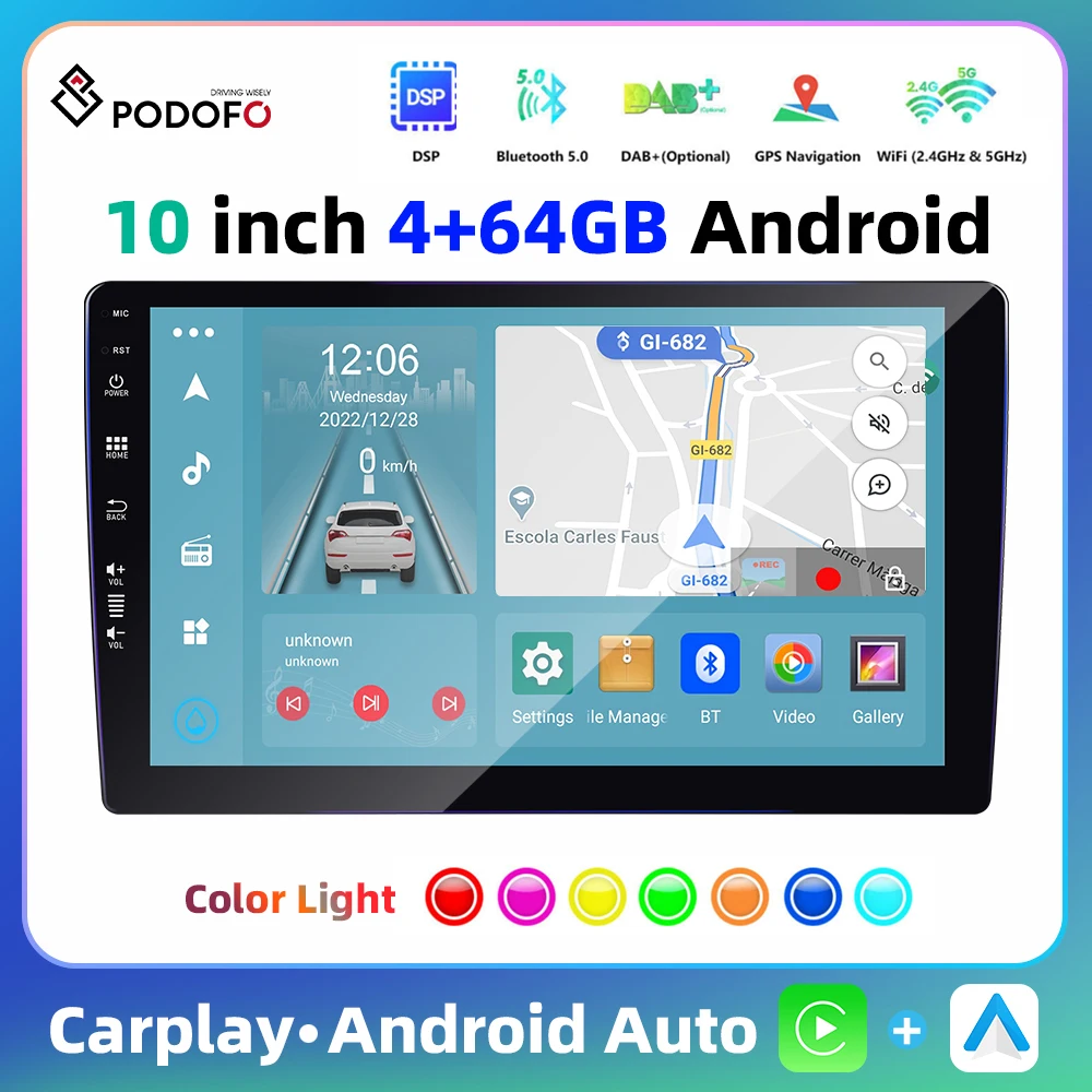 Podofo 8Core 4+64G Android Car Radio 10Inch Multimedia Player Carplay Android Auto GPS Navigation Bluetooth DSP IPS Car Audio