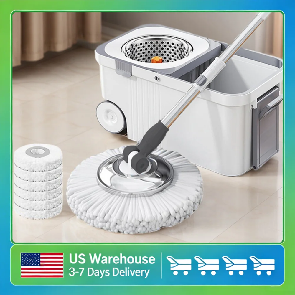 

Microfiber Floor Cleaning Mop Rotary Spin System with 6 Extra Heads Extended Long Handle All Floor Type Compatible for Household