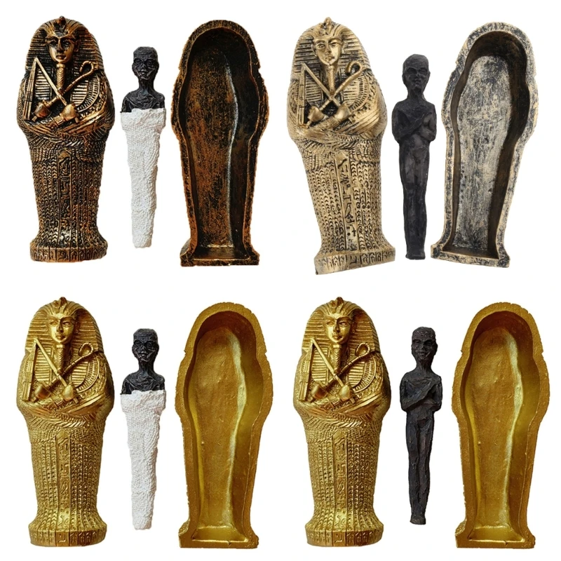 Ancient Egyptian Resin Coffin with Mummy Insert Figurine Egypt Pharaoh Statue Miniature Craft Collectible Decoration