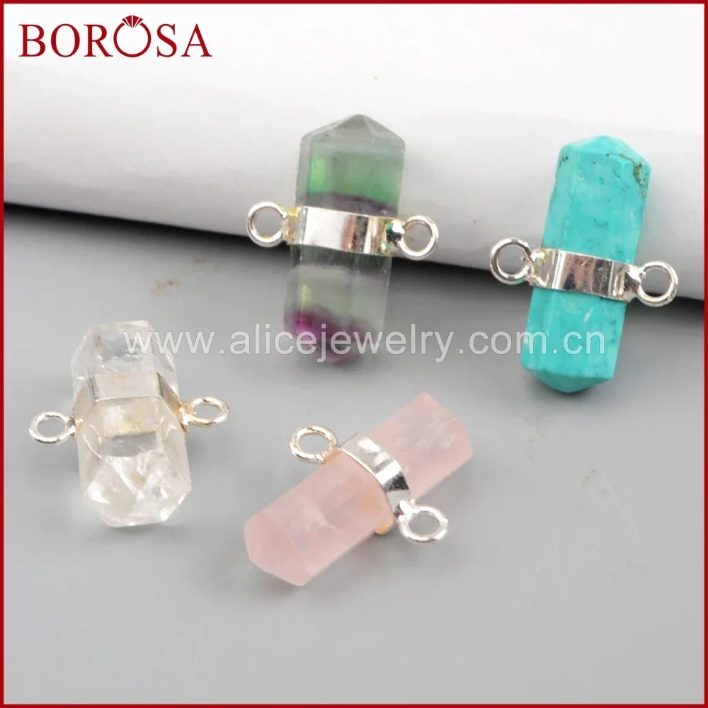 BOROSA 10PCS Hexagon Multi-kind Stones Silver Plated Connector Beads Natural Crystal Blue Howlite Quartz Double Charms Jewelry