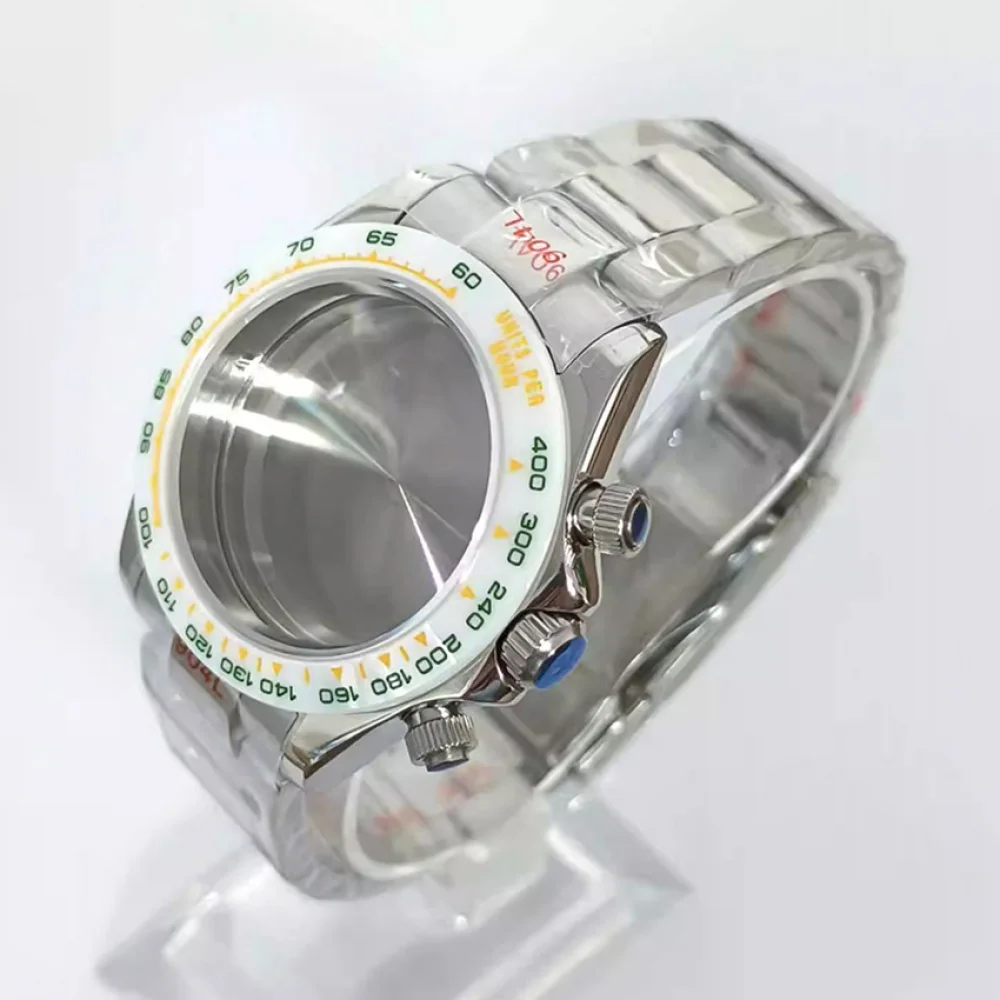 39mm Quartz Watch Case Sapphire Crystal Green-Orange-Yellow Index White Bezel 20MM Width President Braclet for VK63 Movement