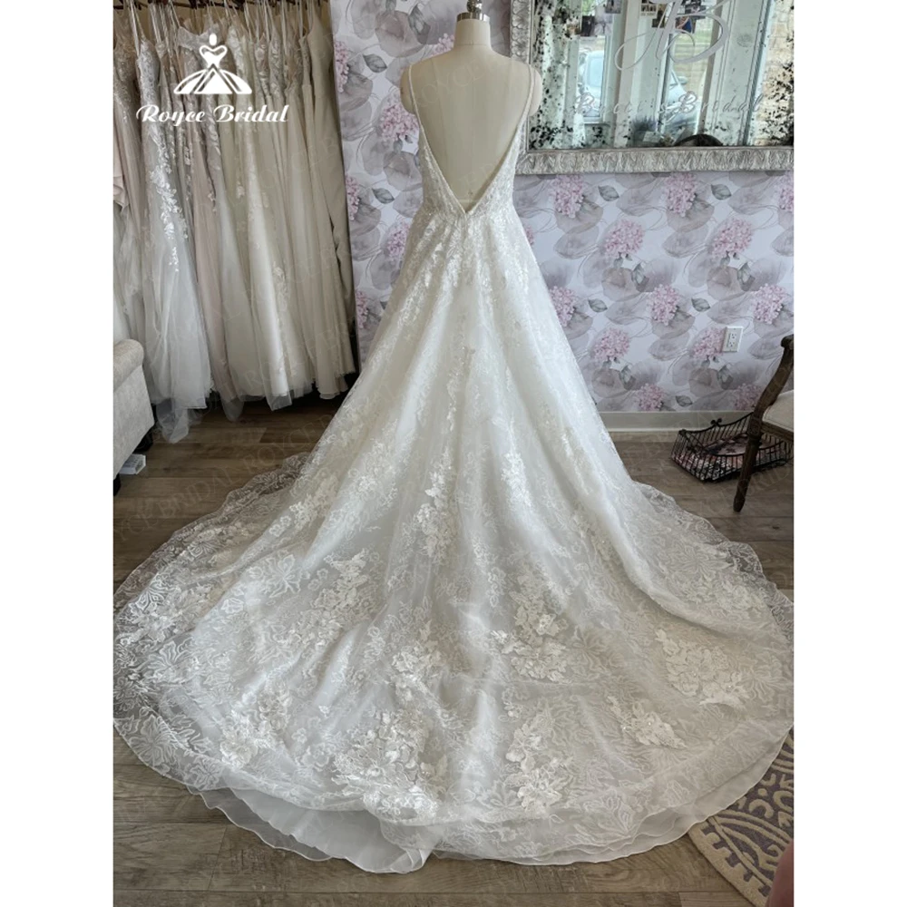 Roycebridal linia V neck aplikacje koronki Spaghetti pasek suknia ślubna 2023 Boho z koralikami bez pleców sąd pociąg wesele