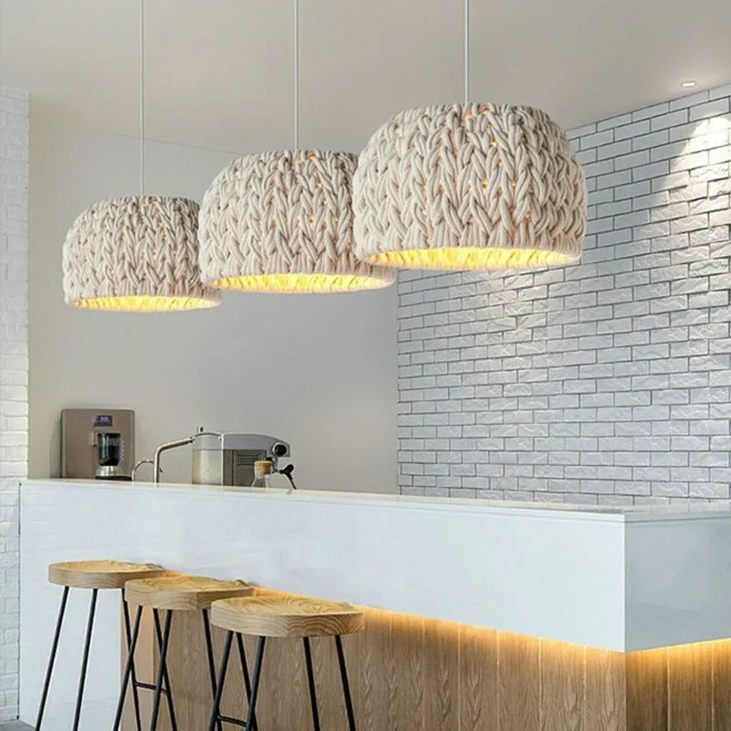 Wabi Sabi Island Cafe Bar Pendant Lamp Fixture Hand-Woven Chandelier For Dining Room Study Loft LED Hanging Light Kitchen