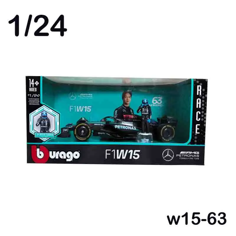 

Bburago 1:24 Mercedes-Benz 2025 W15 с фигуркой, коллекционная модель автомобиля из литого металла, подарок, игрушка