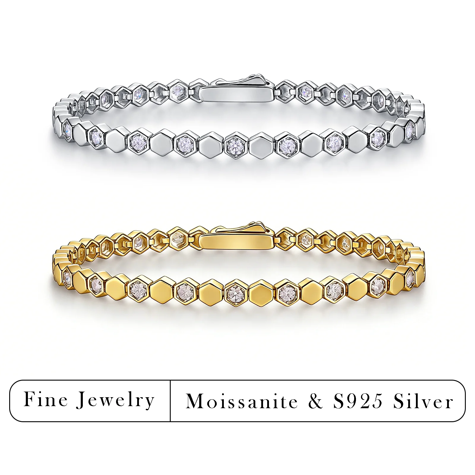 

2.4 mm S925 Silver Hexagonal & Moissanite Tennis Bracelet — Sleek Minimalist Design, Daily Wear Fine Jewelry Gift for Her