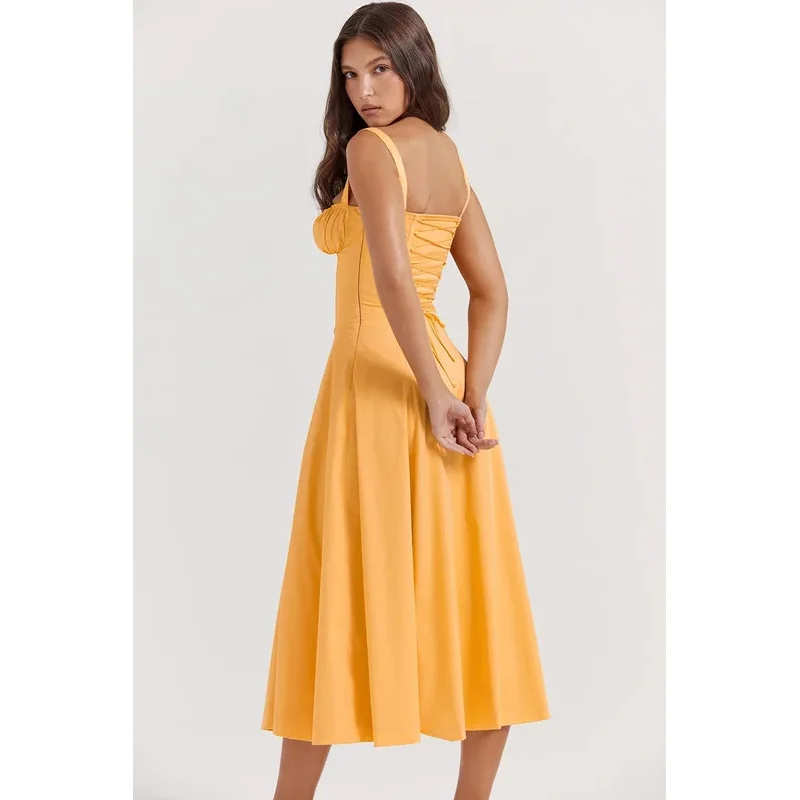 Jina-midi vestido com cinta de espaguete para mulheres, casual, elegante, lace-up, a-line, festa, férias, streetwear, verão, 2024