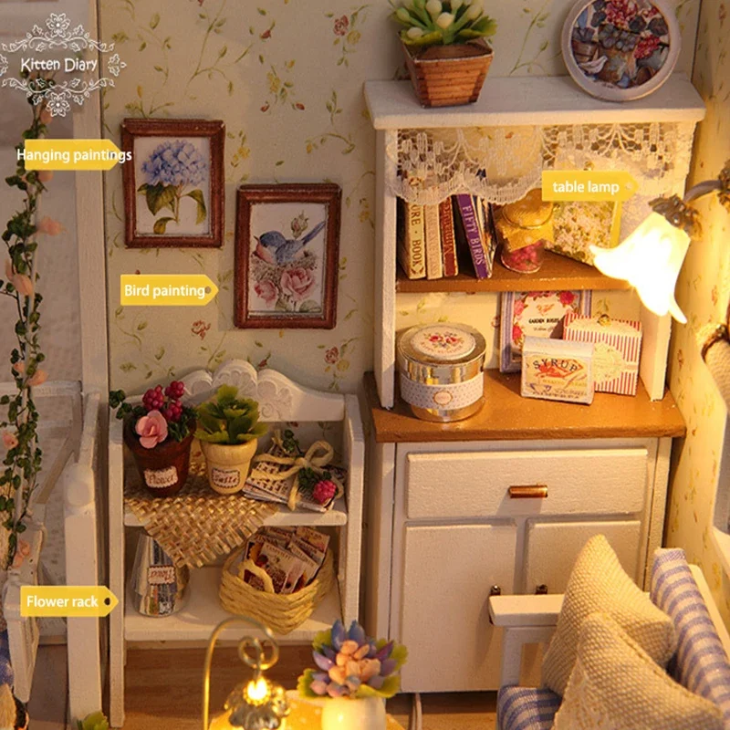 Mini-Miniatur-Puppenhaus DIY-Bausatz für kleines Haus Raumgestaltungsspielzeug Kreative Raumdekoration für Schlafzimmer mit Möbeln Holzhandwerk Geschenke