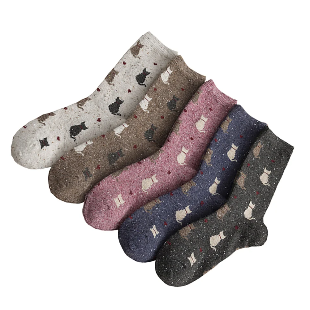 

5 Pairs Household Stockings Cat Pattern Socks Tube Wool Comfortable The Winter Athletic Miss