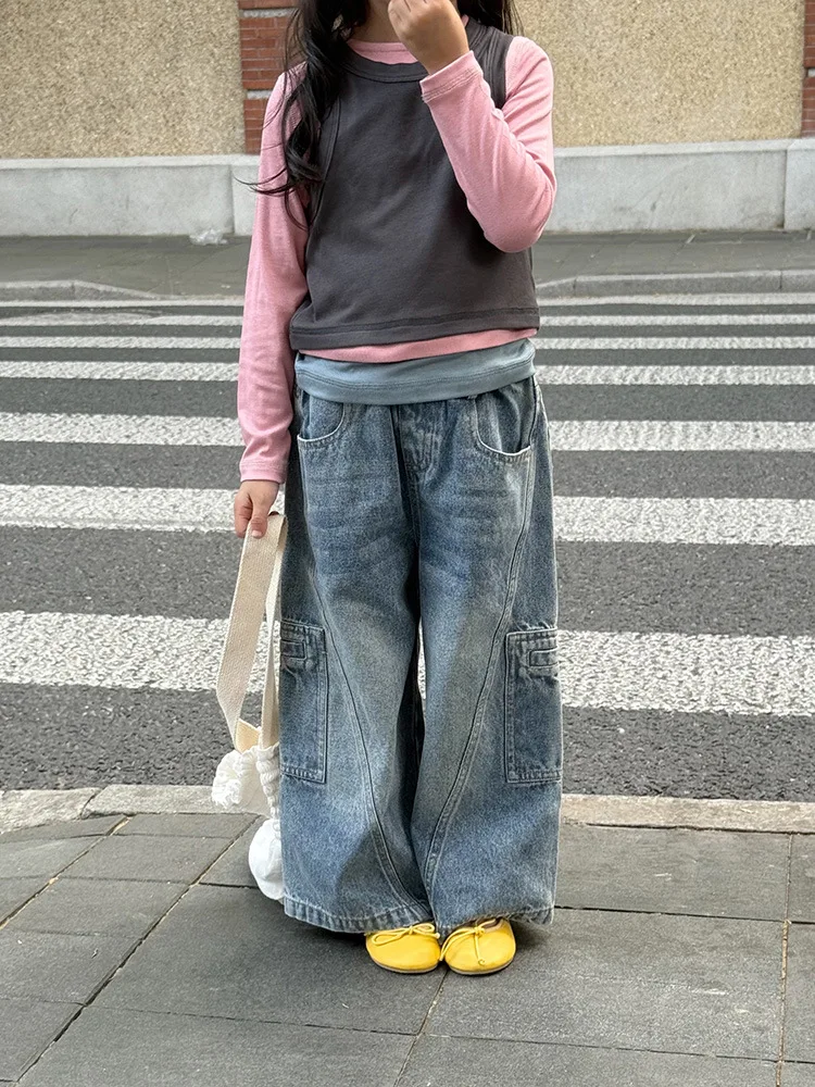 2025 Autumn New Boys Denim Cargo Pants Children Loose Trousers Baby Straight Pants Girls Vintage Jeans Kids Casual Pants