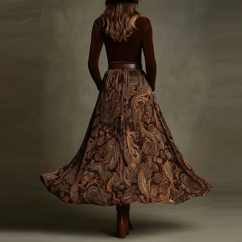 QICHE 2026 Fall New Women Solid Slim Elegant Printed Flowy Maxi Dress, European Style Casual Long Dress