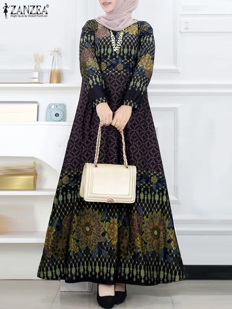 ZANZEA Elegant Ethnic Floral Print Long Dresses Women Muslim Islamic Long Sleeve O Neck A-line Vestidos Casual Loose Abaya Robes