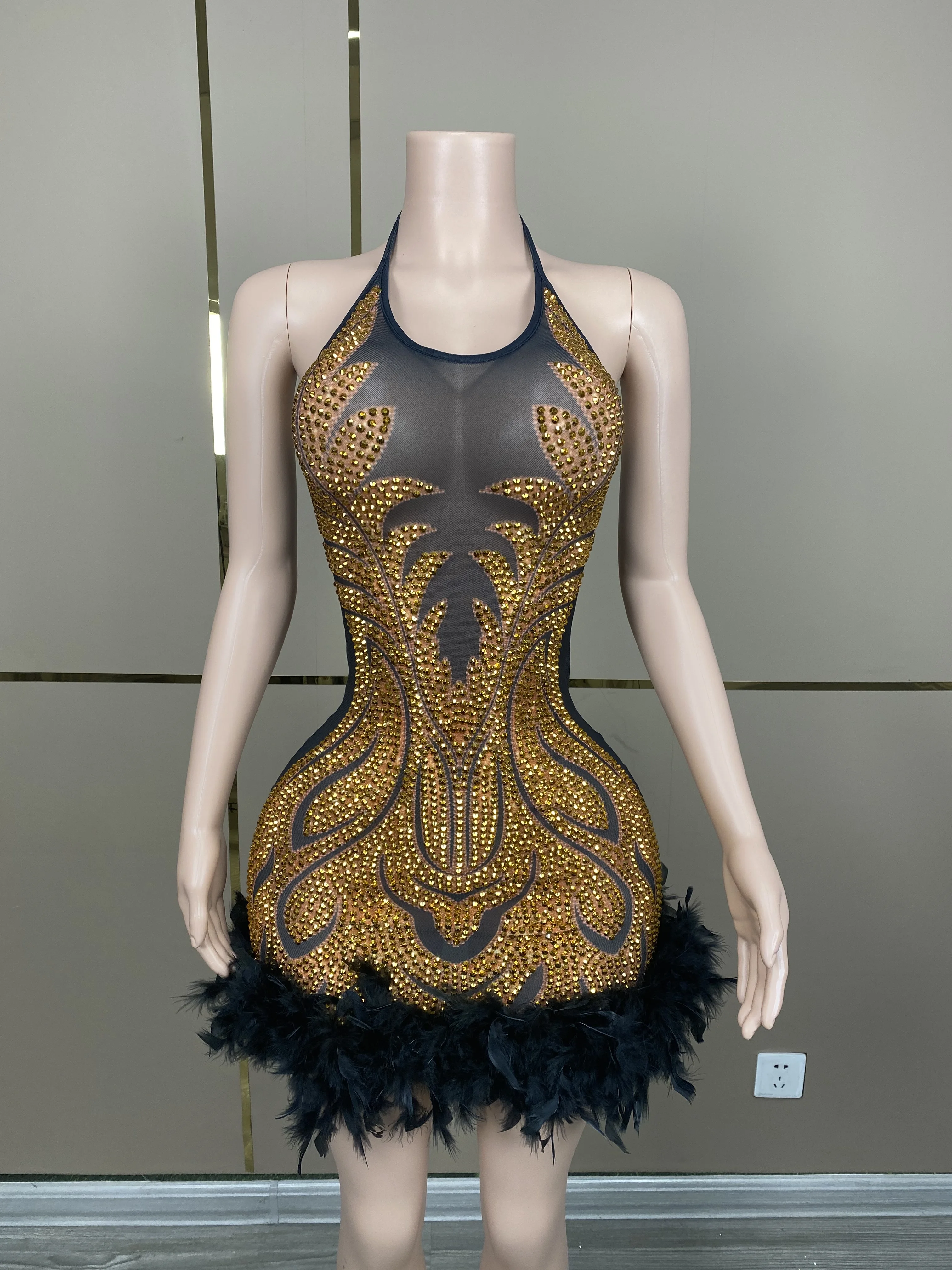 

Gold Rhinestones Black Feather Velvet Short Dress Women Dance Show Performance Evening Costume Birthday Celebrate Dress