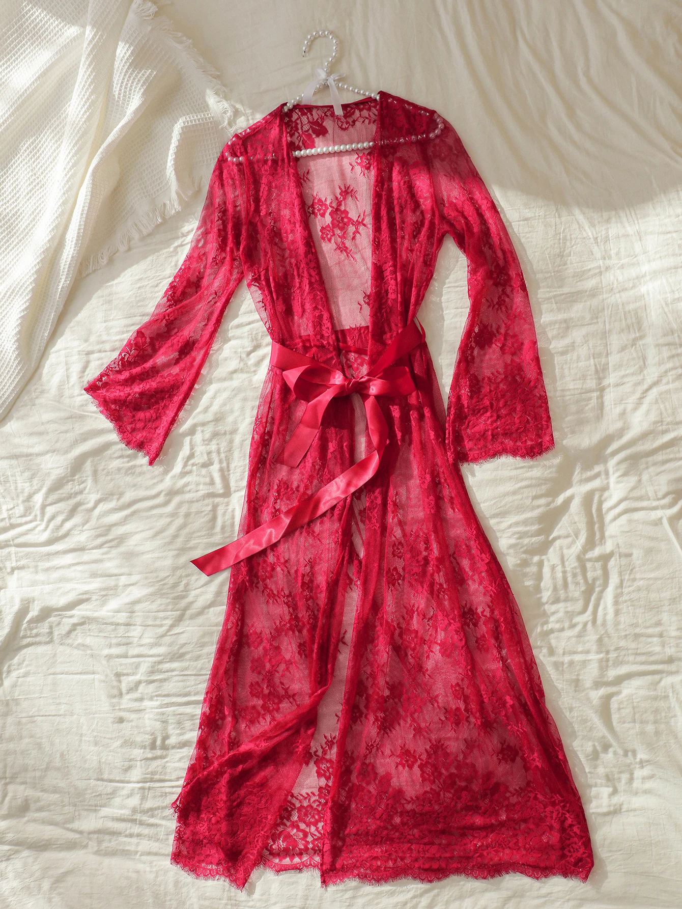 

Lace Long Robe Sexy Lingerie with Satin Belt Silk Sheer Erotic Nightgown for Women Romantic Valentine's Day Sleepwear