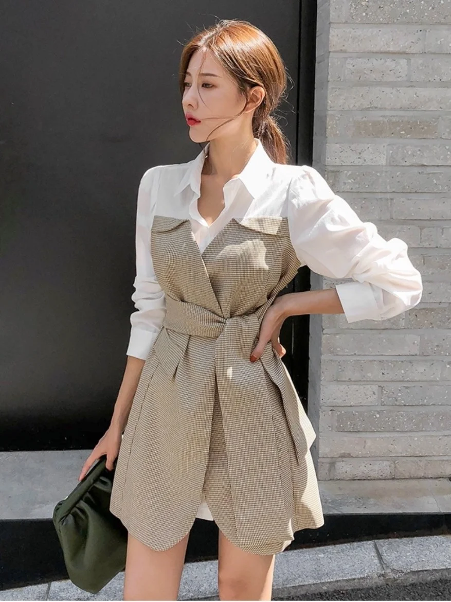 

Chic Plaid Slim Fit Dr with Belt Long Sve Patchwork Cuff Commute Sle Women's Faion Spring Autumn Winter Dr