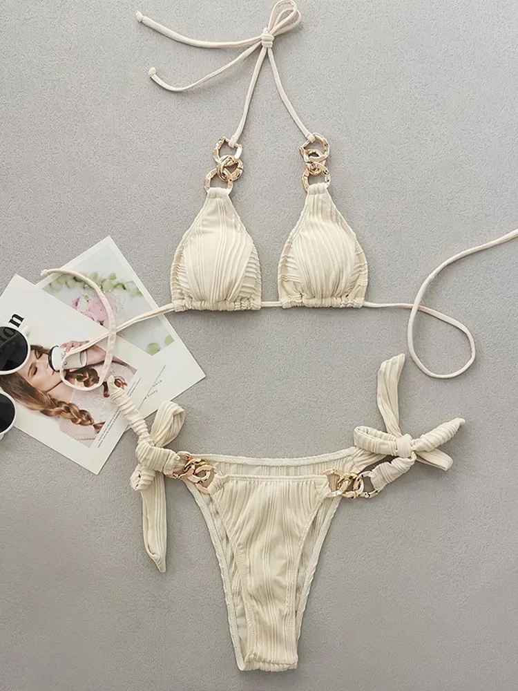 Bikini allacciato con fibbia in metallo sexy Set da 2 pezzi Costume da bagno diviso da donna Bikini da spiaggia a vita alta 2025 Nuovo set bikini da bagno estivo