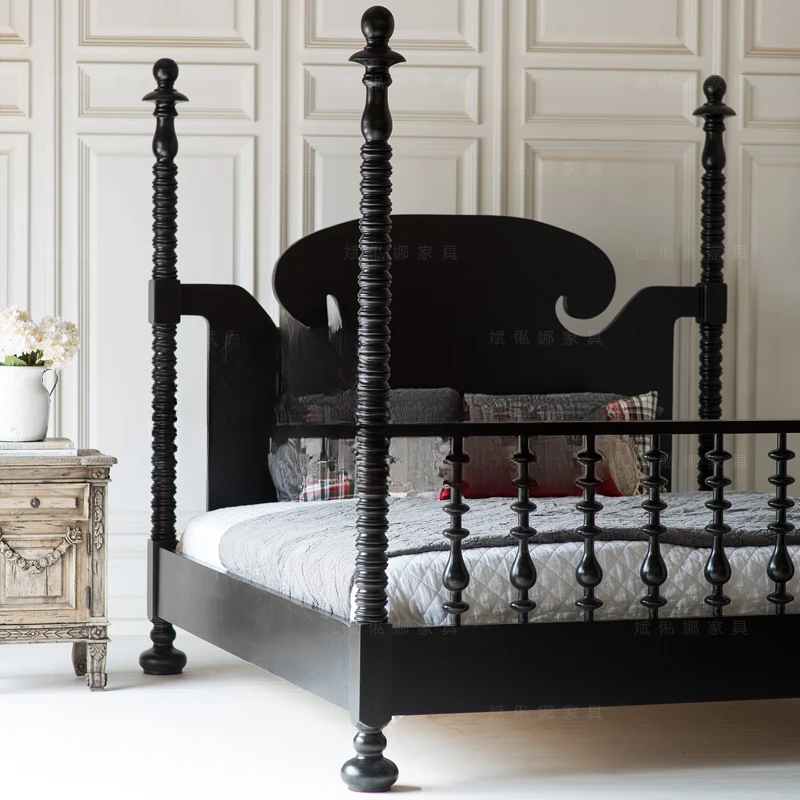 American country double bed/solid wood bed/black high column bed/wedding bed/master bedroom wedding bed