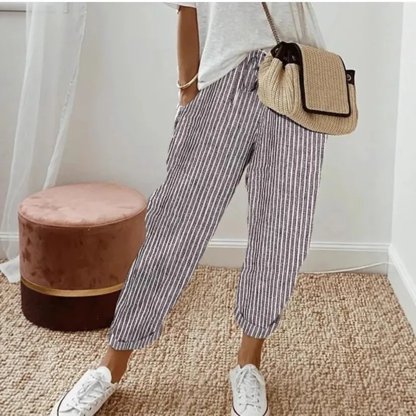 European and American Cross border Women's Summer New Fashionable Loose Stripe Printed Elastic Waist Drawstring Casual Pants