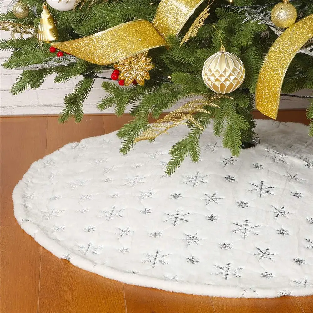 4 Pieces 24 Inches Christmas Tree Skirt for Xmas Tree Holiday Party Decorations White Plush Silver Sequin Snowflake (Silver)