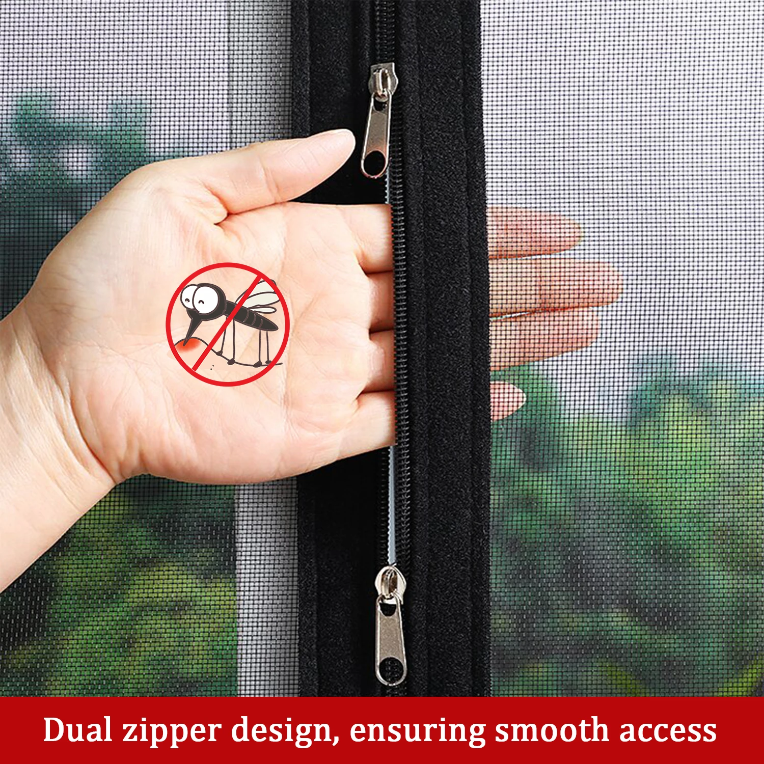 Zippered Mosquito Screen, Household Mosquito Screen, No-Drill Self-Adhesive Easy to Install, Breathable and Translucent, Black