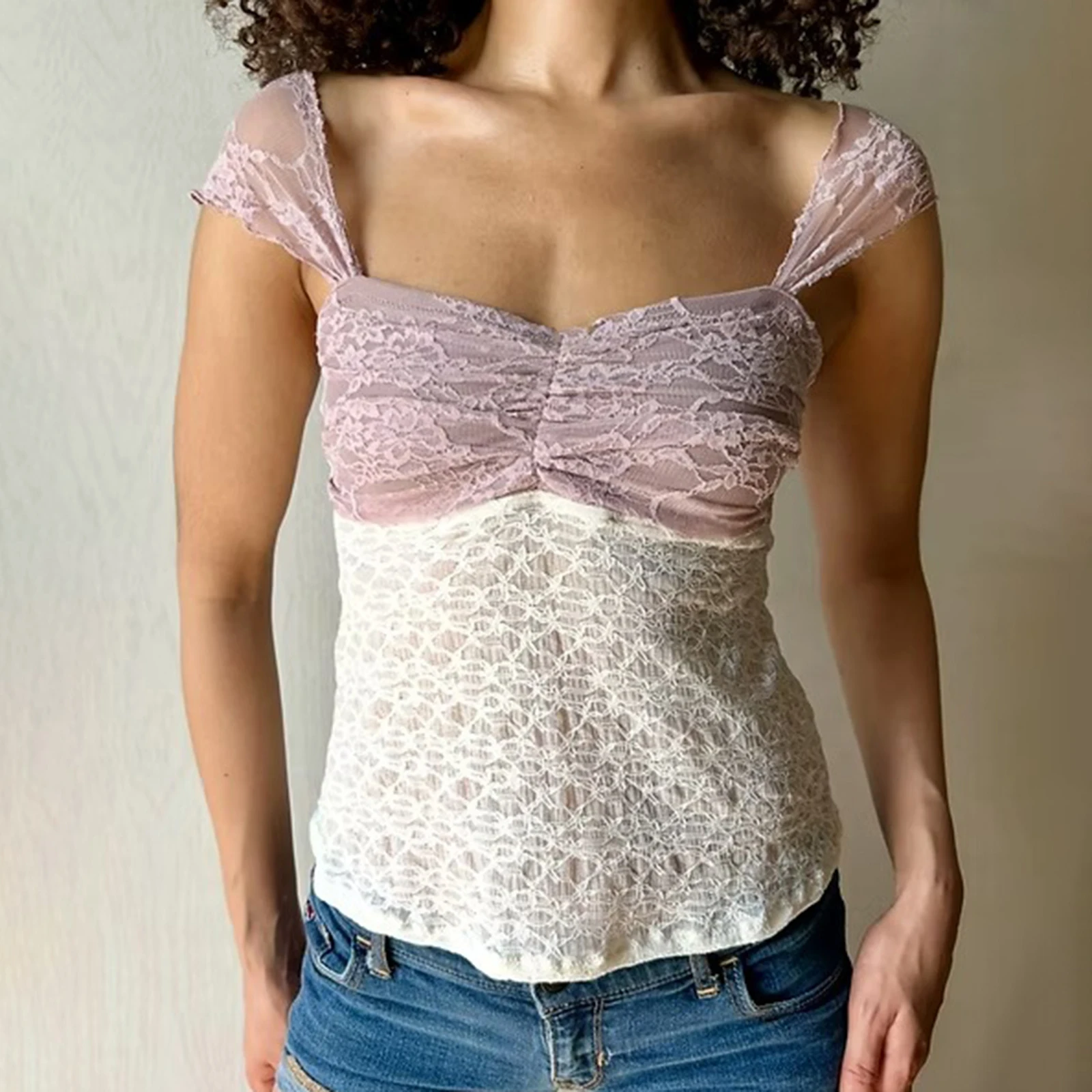 Women Summer Basic Lace T-Shirt Casual Contrast Color Cap Sleeve Tops for Streetwear Aesthetic Grunge Clothes