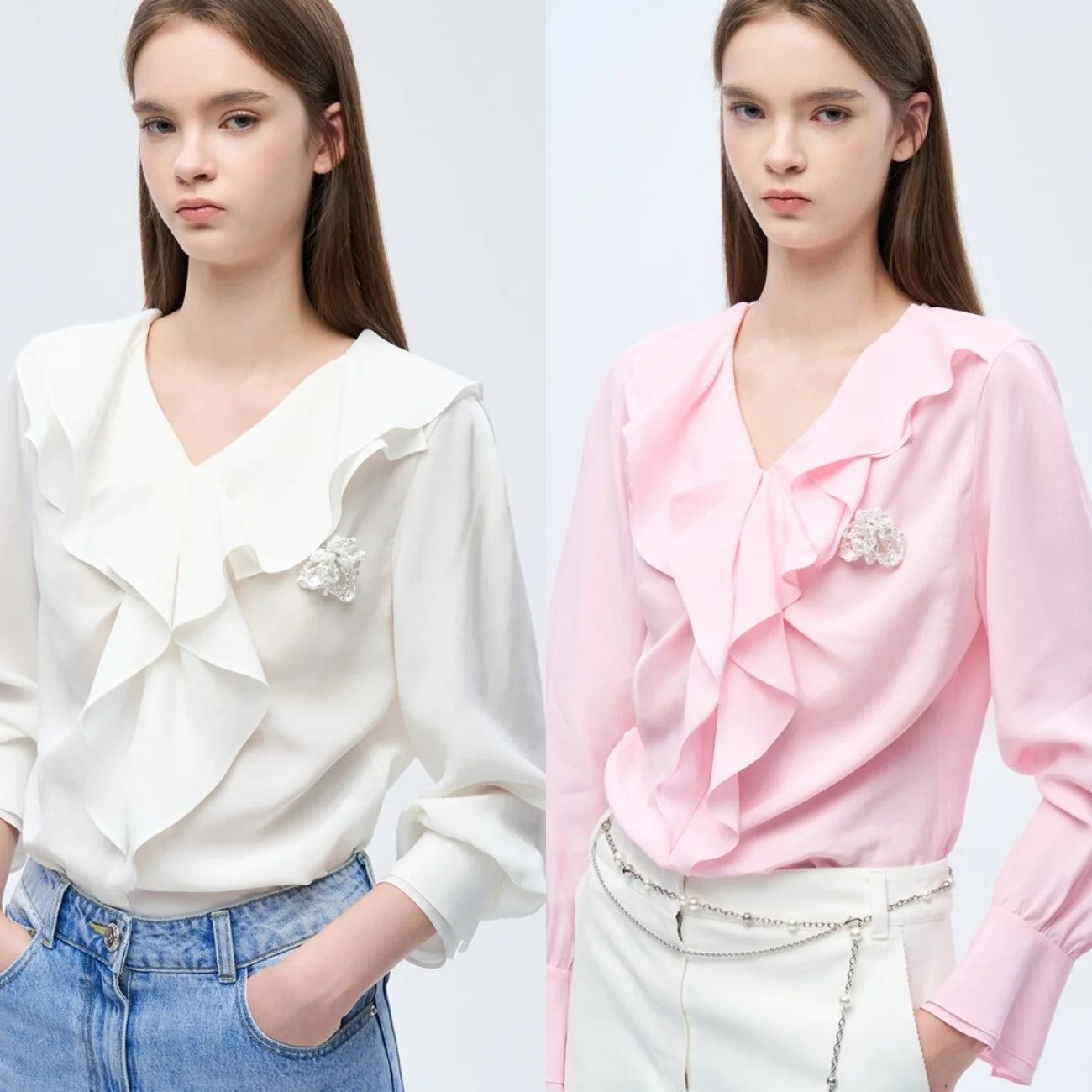 

Женская блузка Ele Pearl с пуговицами, из смесового шелка, для повседневной носки, универсальная, прямого кроя, в корейском стиле, с длинными рукавами