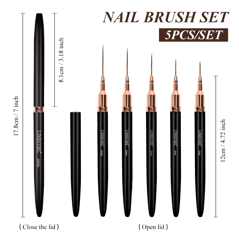 LIMEGIRL 5pcs Nail Brush Set 5/8/12/20/25mm Nail Liner Brush Set Drawing Lines Stripe Painting Flower Pen Manicure Brush Set