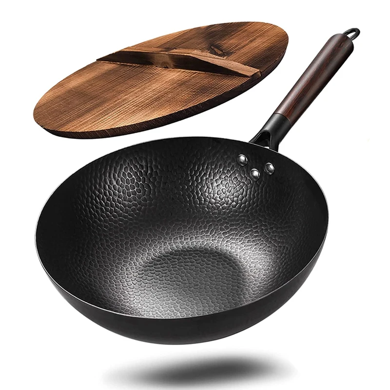 

Iron Wok Traditional 12.5" Carbon Steel Wok Non-stick Pan Woks and Stir Fry Pans with lid Kitchen Cookwar for All Stoves