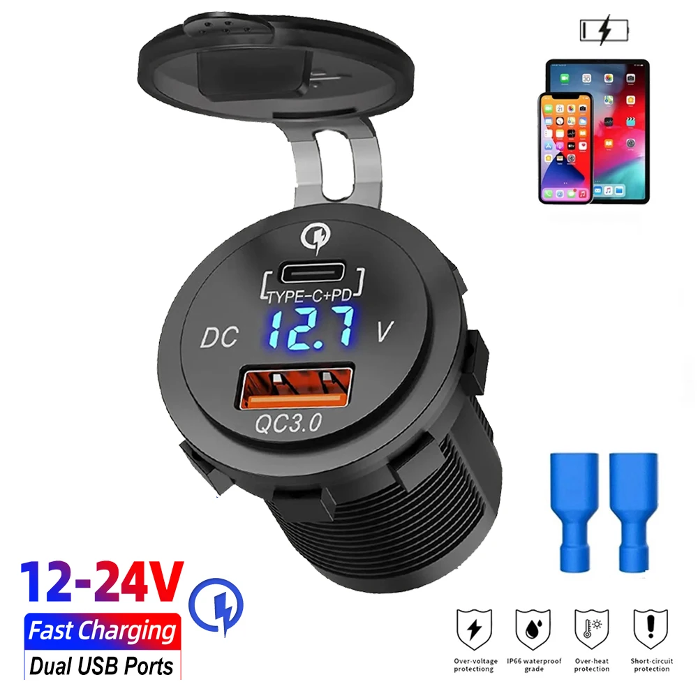 USB Fast Charging Car Charger QC 3.0 and PD Charger Power Socket for Caravan RV Motorcycle Car Electronic Accessories