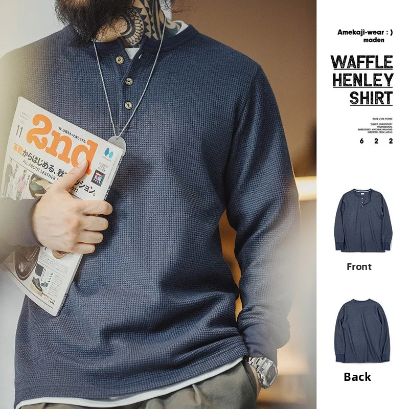 

Мужская трикотажная футболка Maden Long Sleeve Slim Fit с воротником хенли, в стиле ретро, американская рабочая одежда, с вафельным узором, осенняя коллекция