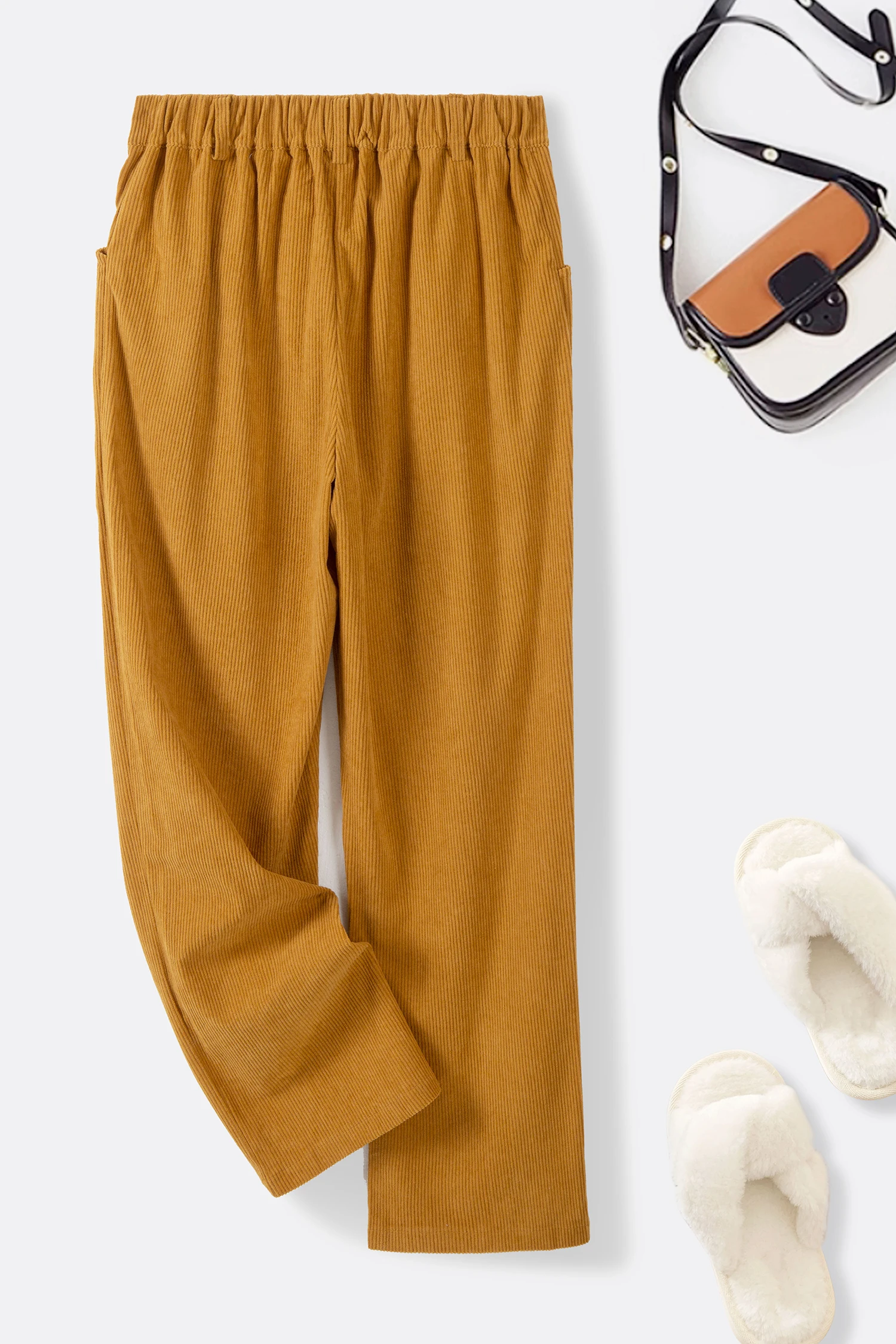 กางเกงขายาวทรงตรงเอวสูงผ้าลูกฟูกสไตล์เรโทรสำหรับผู้หญิง ฤดูใบไม้ผลิ ฤดูใบไม้ร่วง แฟชั่นเกาหลี ทรงหลวม สวมใส่ได้กับทุกชุด สีดำ