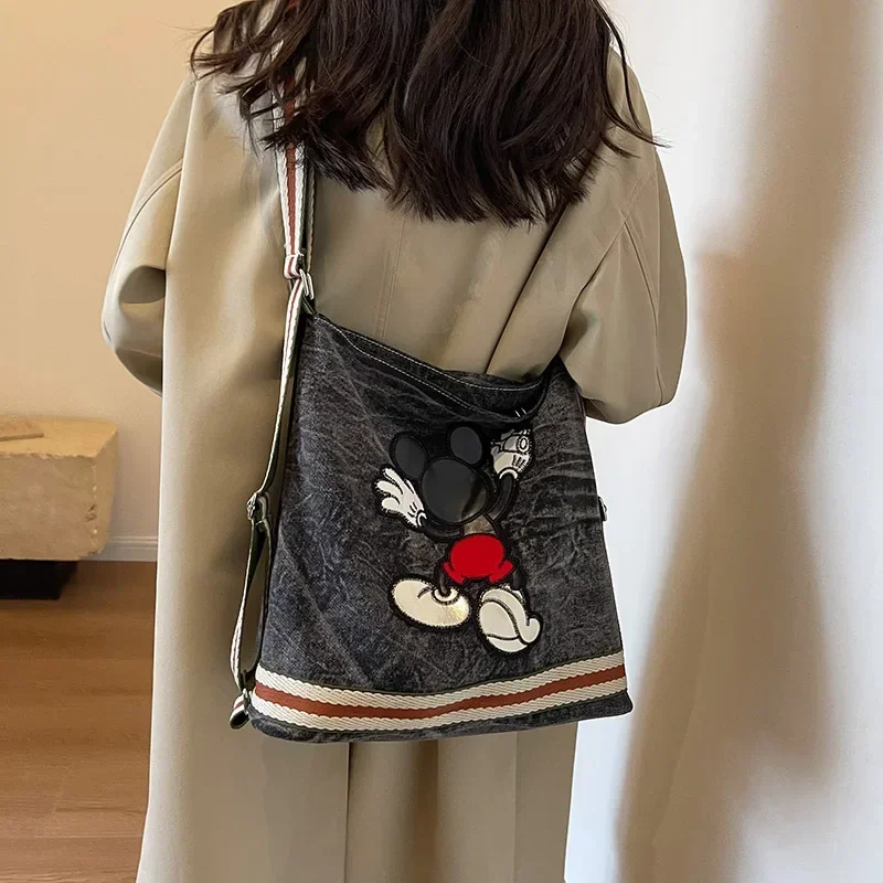 

Disney Mickey Mouse Large Capacity Denim Shoulder Bag Washed Cartoon Embroidery Student Class messenger Cross Body Bag Backpack