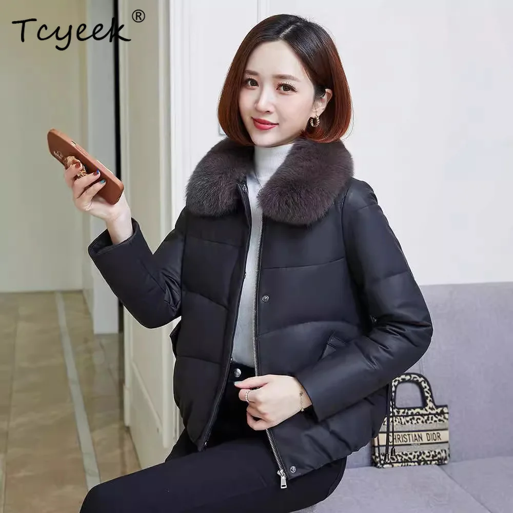 Tcyeek Real Sheepskin White Duck Down Autumn Winter Square Collar Black Women's Genuine Leather Jacket Женская Кожаная Куртка