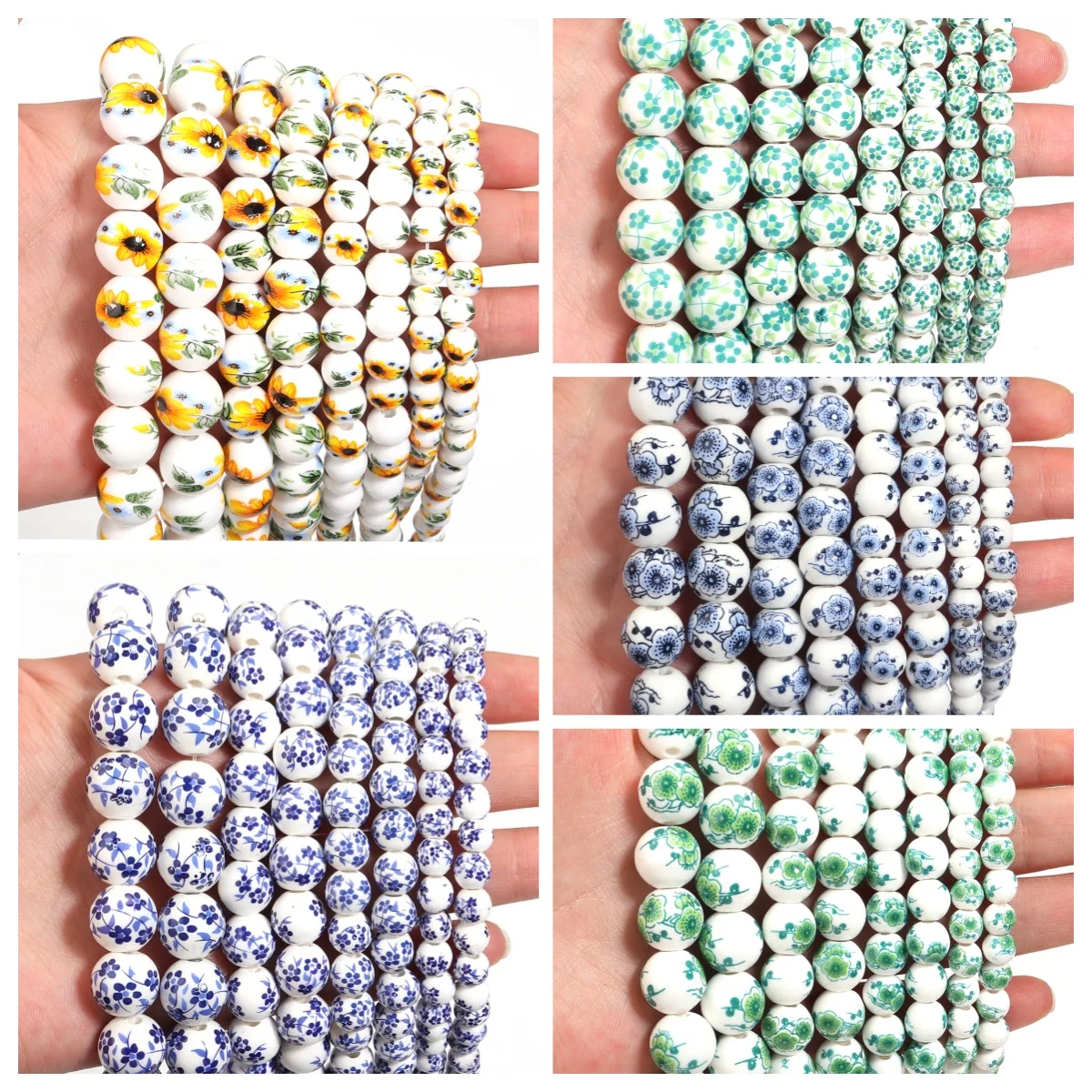 1 Hilo de Cuentas Redondas de Cerámica Millefiori, Cuentas de Flor de Porcelana con Agujero Grande de 8, 10, 12mm, Cuentas Sueltas para DIY, Fornituras de Joyería para Pendientes Hechos a Mano