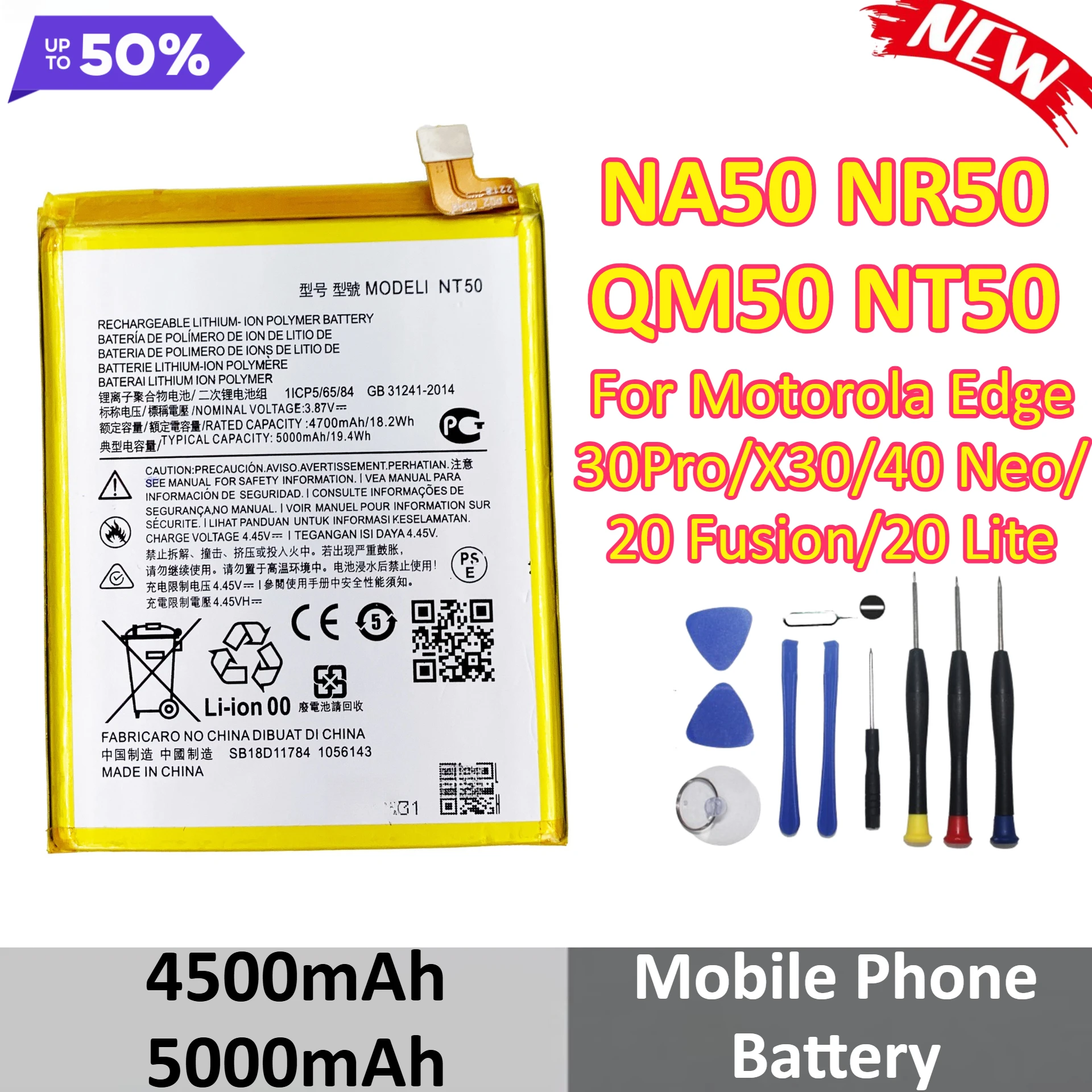 

NA50 NR50 QM50 NT50 4500mAh 5000mAh Mobile Phone Battery For Motorola Edge 30Pro/X30/40 Neo/20 Fusion/20 Lite +Tools