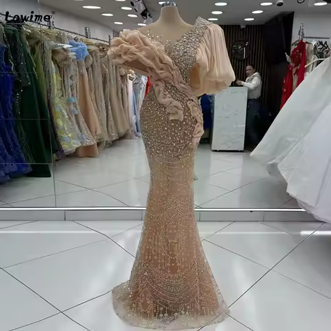 Champagne Crystal Beaded Evening Dress Beaded Pleated Mermaid Dress Cocktail Party Dress Long Ball Gown Customizable 2025