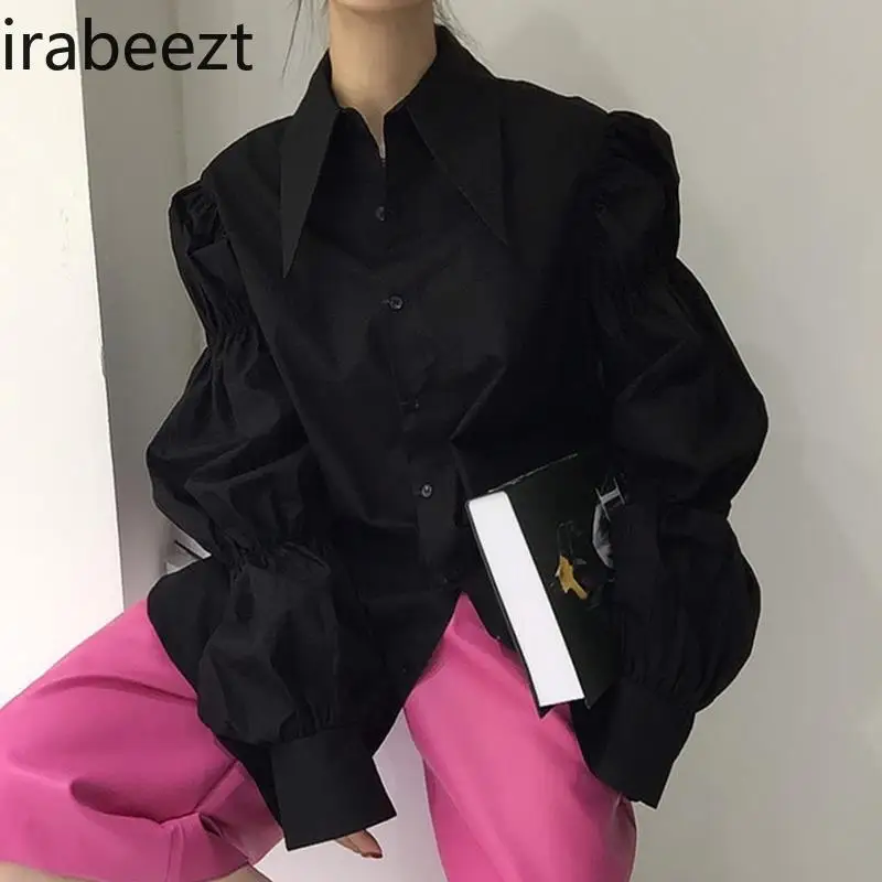 Irabeezt Retro Palace Style Shirts Solid Lapel Puff Sleeve Button Blouses Hip Hop High Street Chic Shirt Autumn Female Clothes