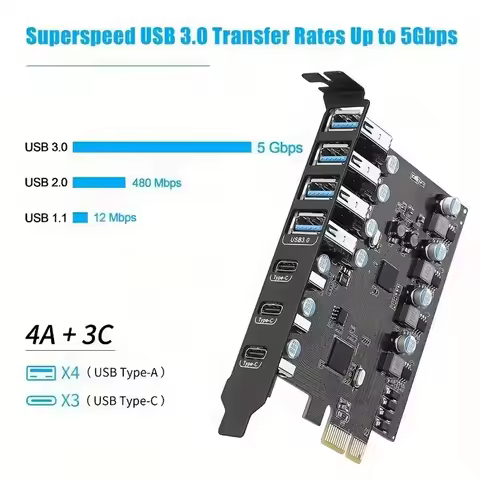 7ports 5Gbps USB 3.2 Gen1 USBC USBA PCIE Card Hub USB 3.0 PCI Express Board PCI-E USB3.0 Adapter Multiplier Add on Cards